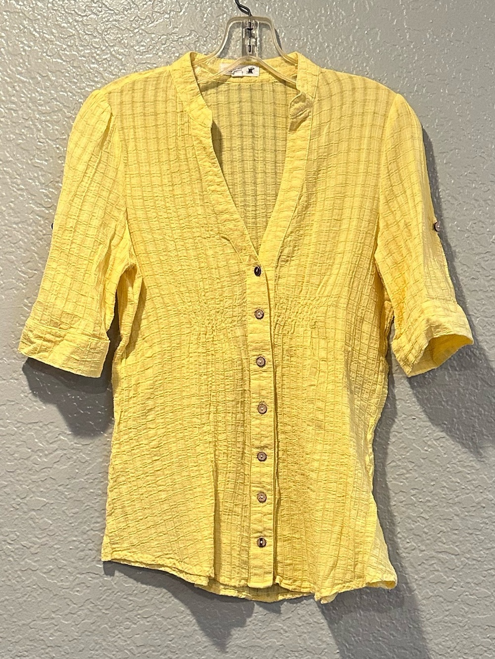 Vintage Women's Yellow Button Down V Neck Blouse-3/4 Sleeves-Size S